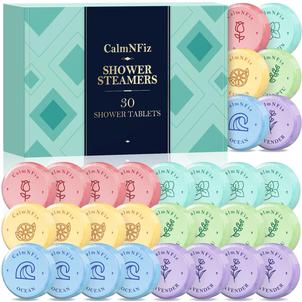 CalmNFiz 30-pack shower steamers box offering six scents for varied mood rituals.
