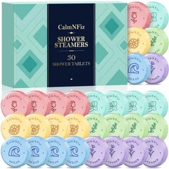 CalmNFiz 30-pack shower steamers box offering six scents for varied mood rituals.