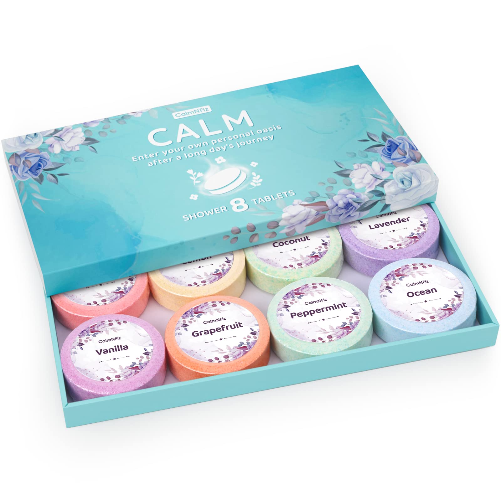 CalmNFiz shower steamers box packaging showcases gift-ready self-care and relaxation.