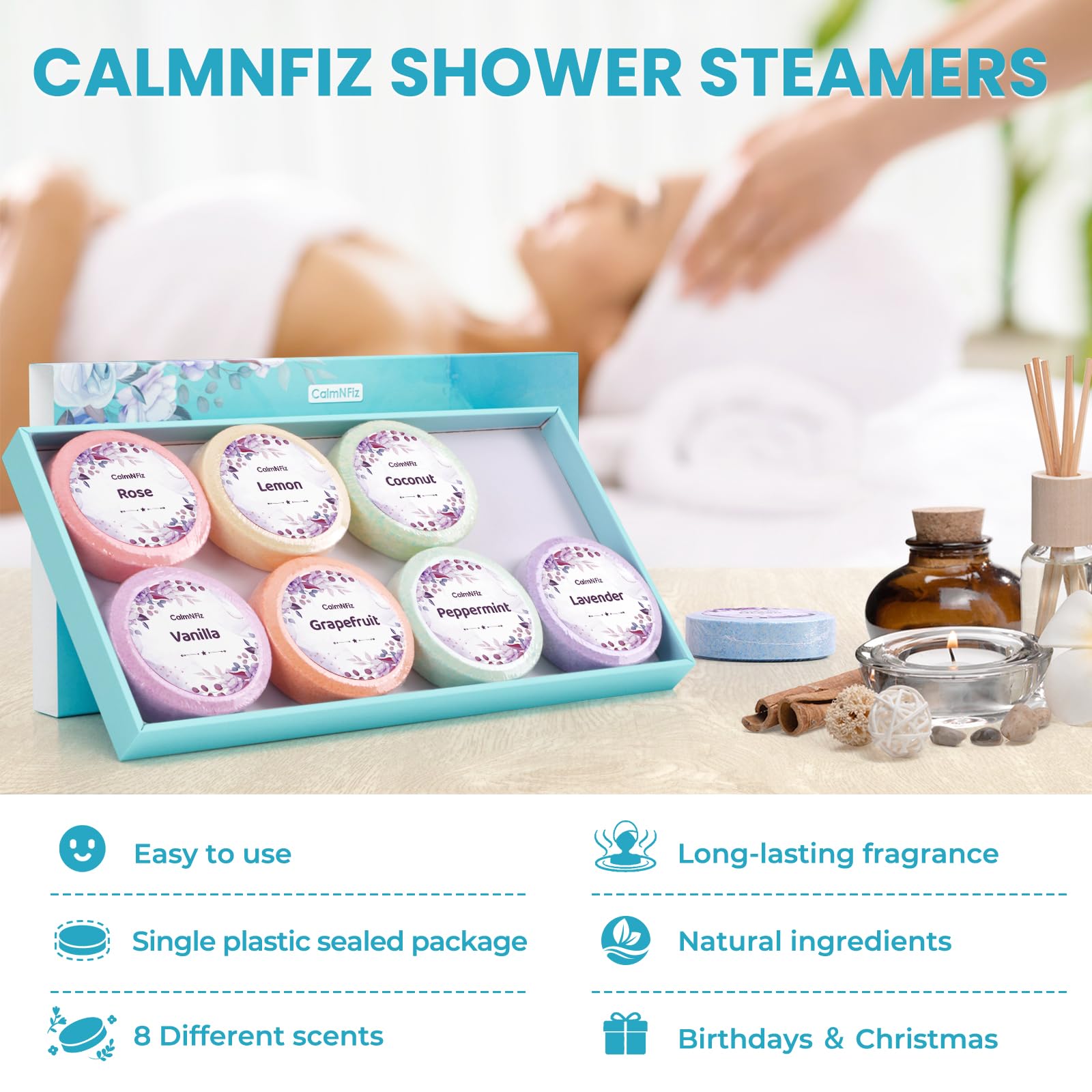 CalmNFiz lavender steamers evoke soothing atmosphere for restful evening routines.
