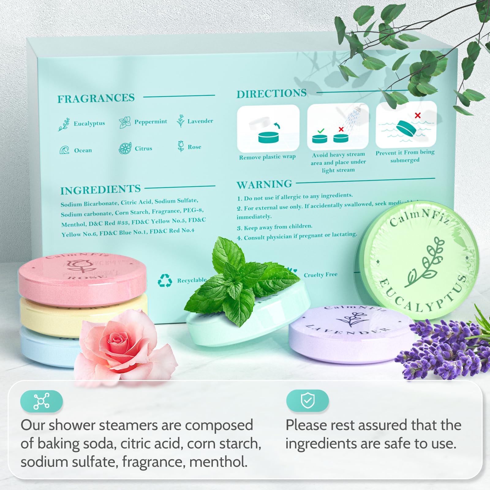 CalmNFiz shower steamers dissolving action demonstrates fragrance release during a shower.