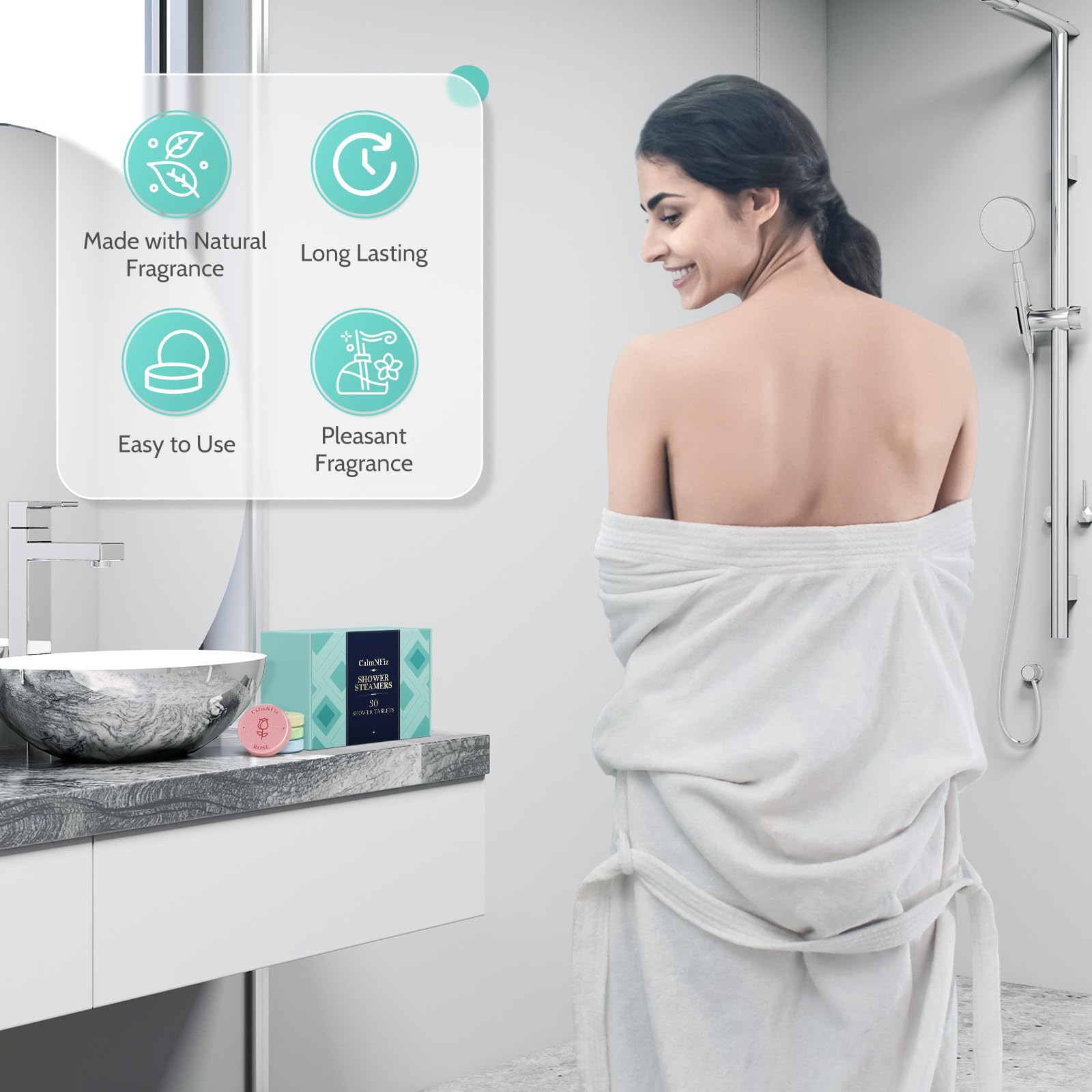 CalmNFiz shower steamers on shower floor illustrating safe usage and easy cleanup.