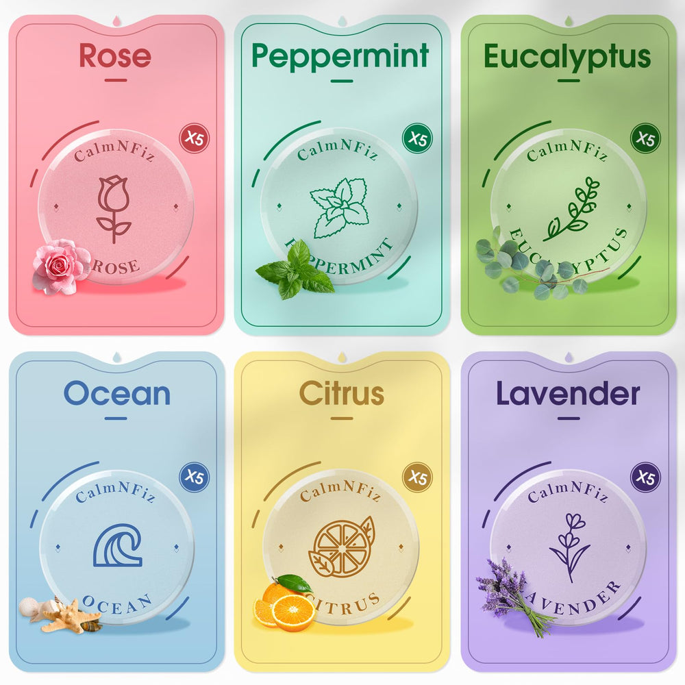 CalmNFiz six-scent collection shows vibrant tablets for a refreshing shower experience.