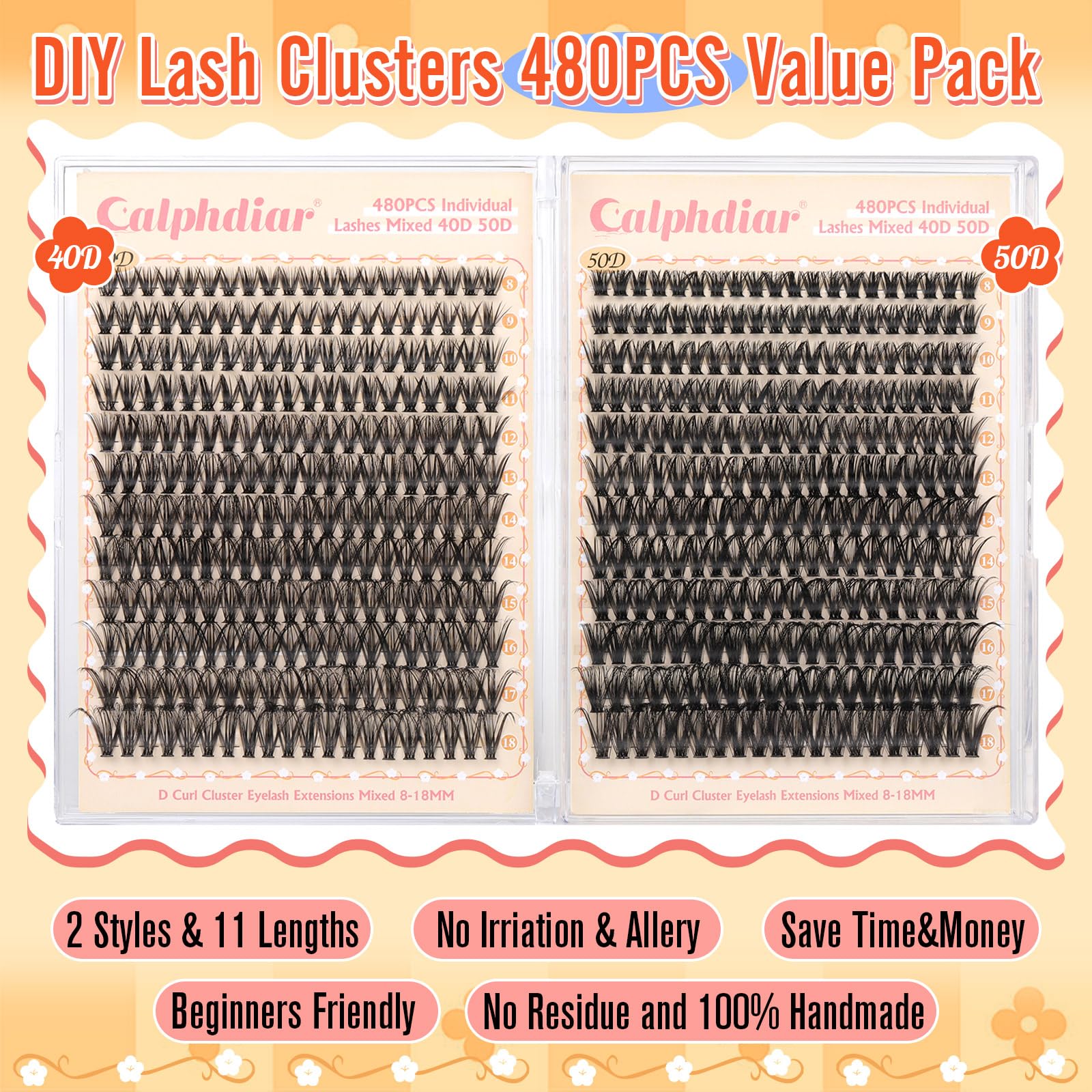 Calphdiar D-curly lash clusters 8-18mm for versatile looks.