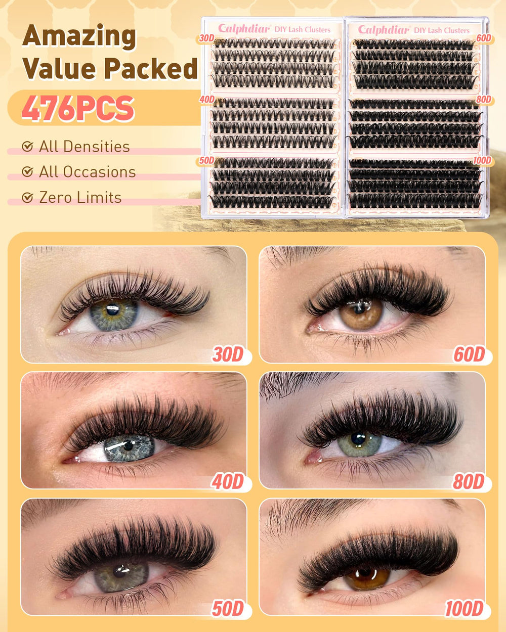Calphdiar lash clusters styles and lengths display for personalized eye looks