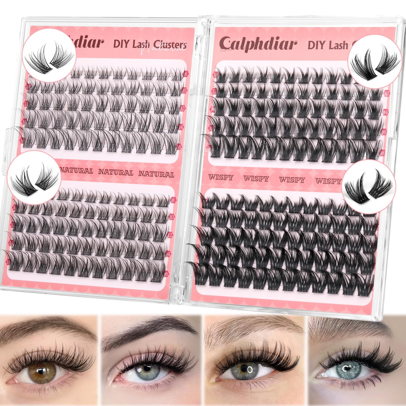Calphdiar wispy lash clusters 230pcs pack front showing full natural-volume look.