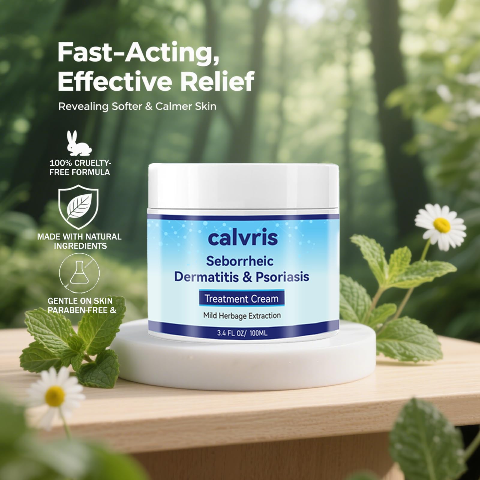Calvris Scalp Comfort Balm packaging highlights steroid-free formulation.