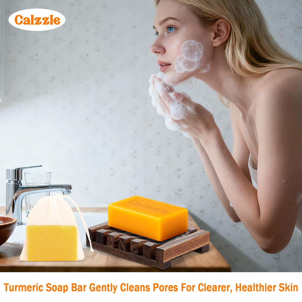 Calzzle soap holder and net accessory image suggests organized bathroom routine.