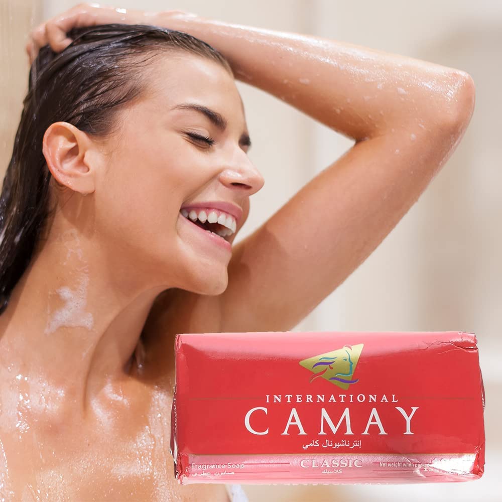 Camay Classic Bar Soap 4-ounce-bars signals travel-friendly cleansing on the go.
