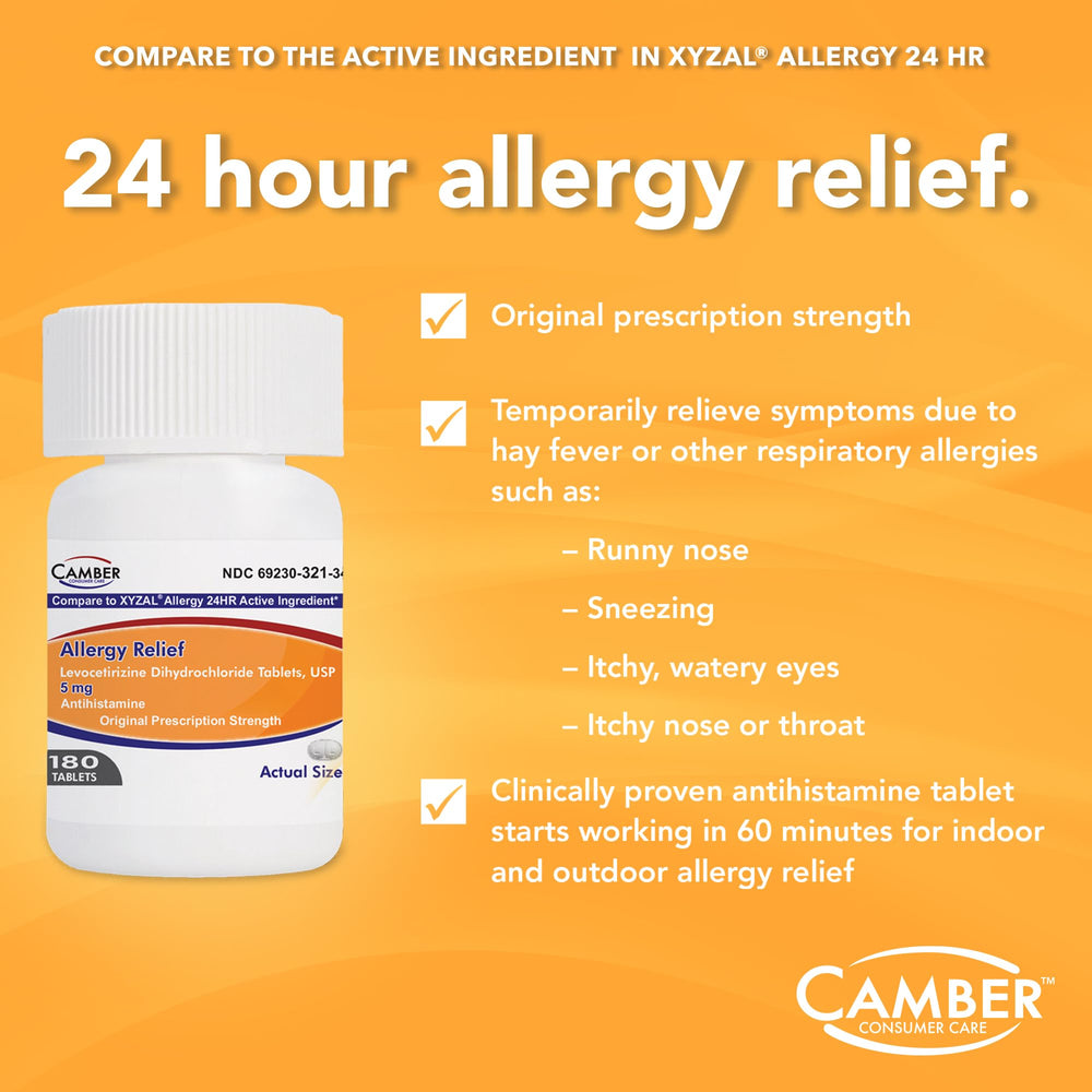 Camber Consumer Care Levocetirizine 5mg bottle label detail showing dosage information for safe dosing.