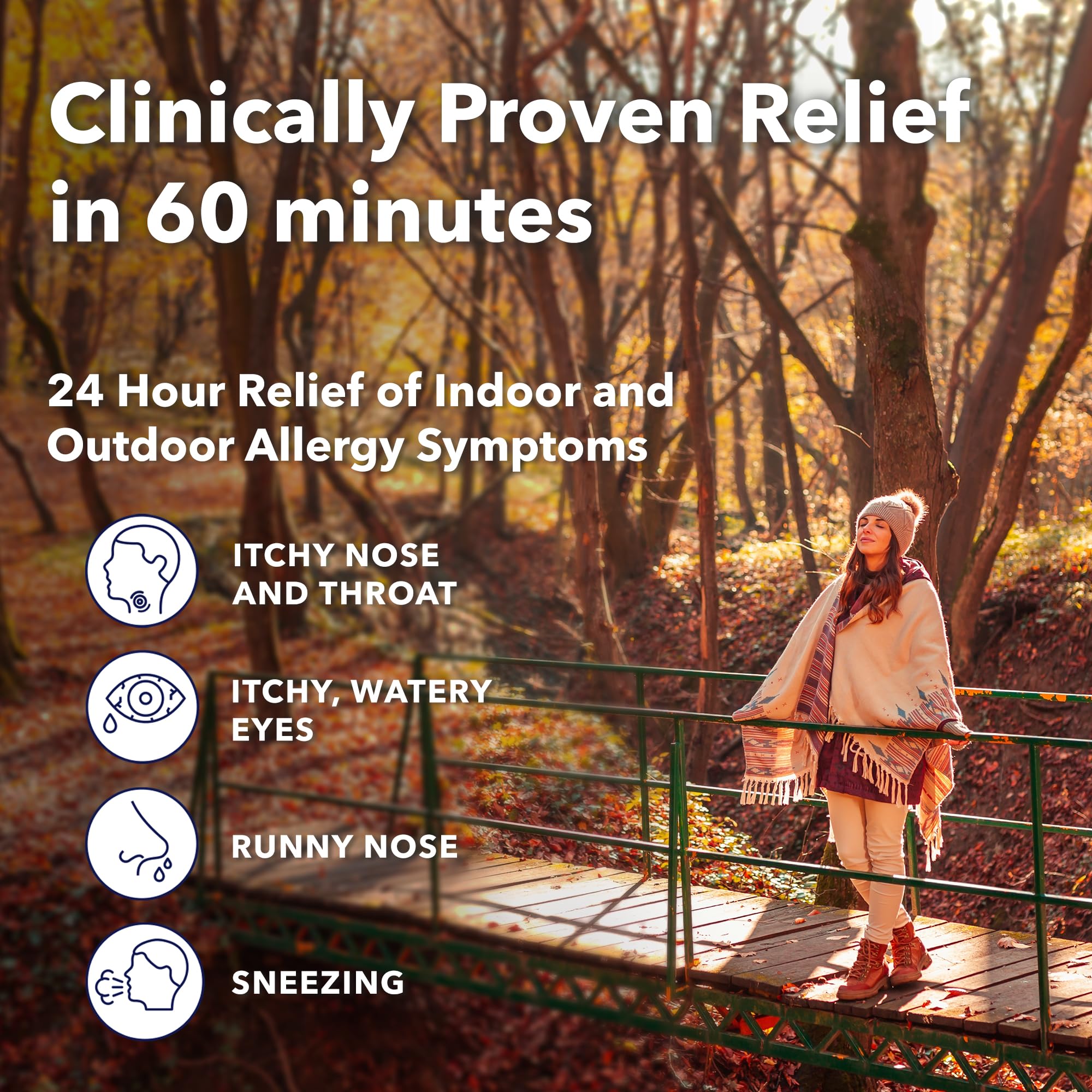 Camber Consumer Care Levocetirizine 5mg tablets on table beside tissues for indoor and outdoor relief.