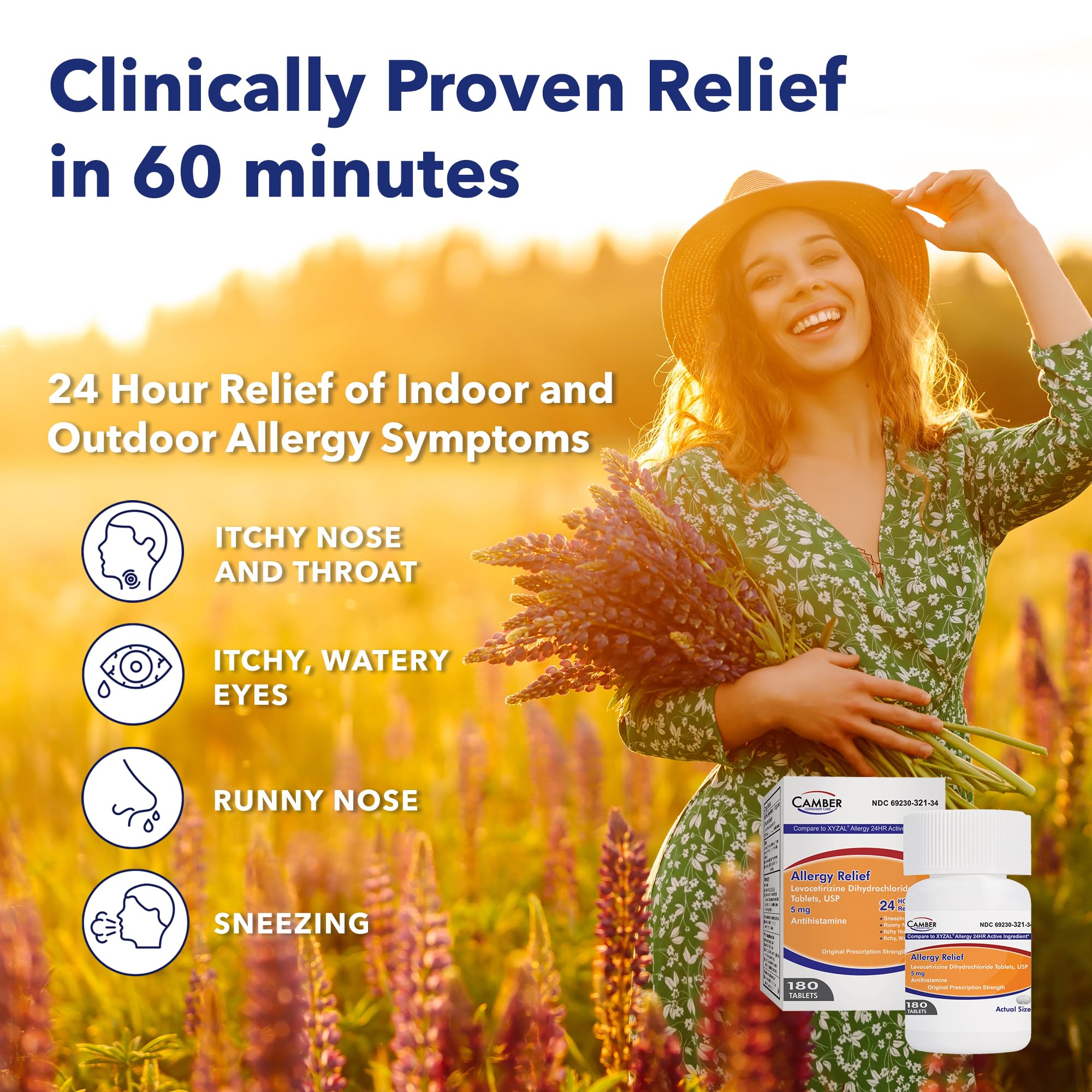 Camber Consumer Care Levocetirizine 5mg tablets packaging on counter for easy daily use.