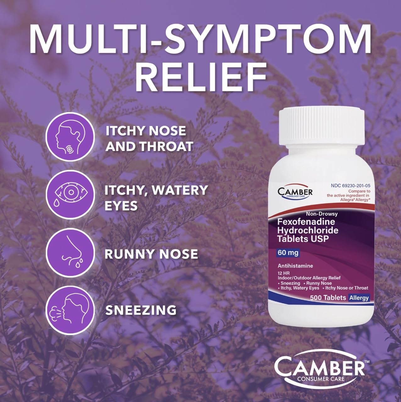 Camber Pharmaceuticals fexofenadine tablets blister pack showing non-drowsy allergy relief.