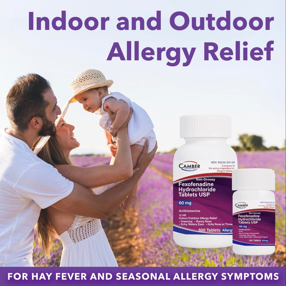 Camber Pharmaceuticals fexofenadine bottle outdoors suggests outdoor allergy relief.