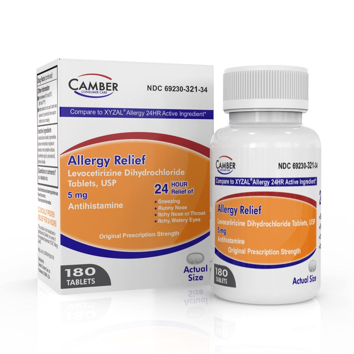 Camber Pharmaceuticals levocetirizine bottle front offering all-day allergy relief.