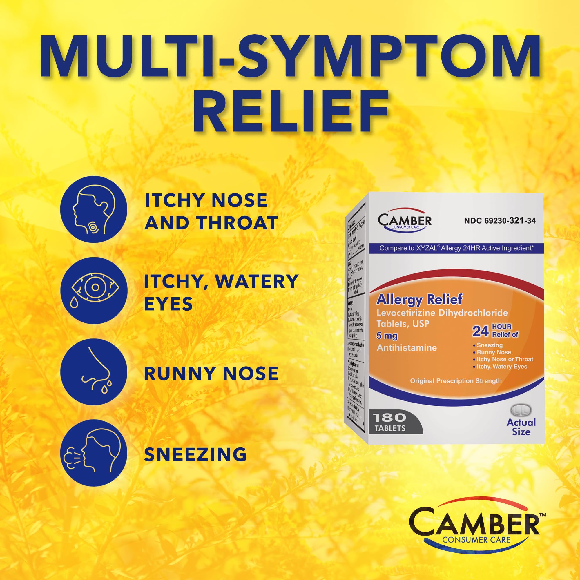 Camber Pharmaceuticals levocetirizine bottle side panel with dosage directions for safe use.