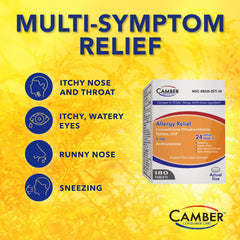 Camber Pharmaceuticals levocetirizine bottle side panel with dosage directions for safe use.