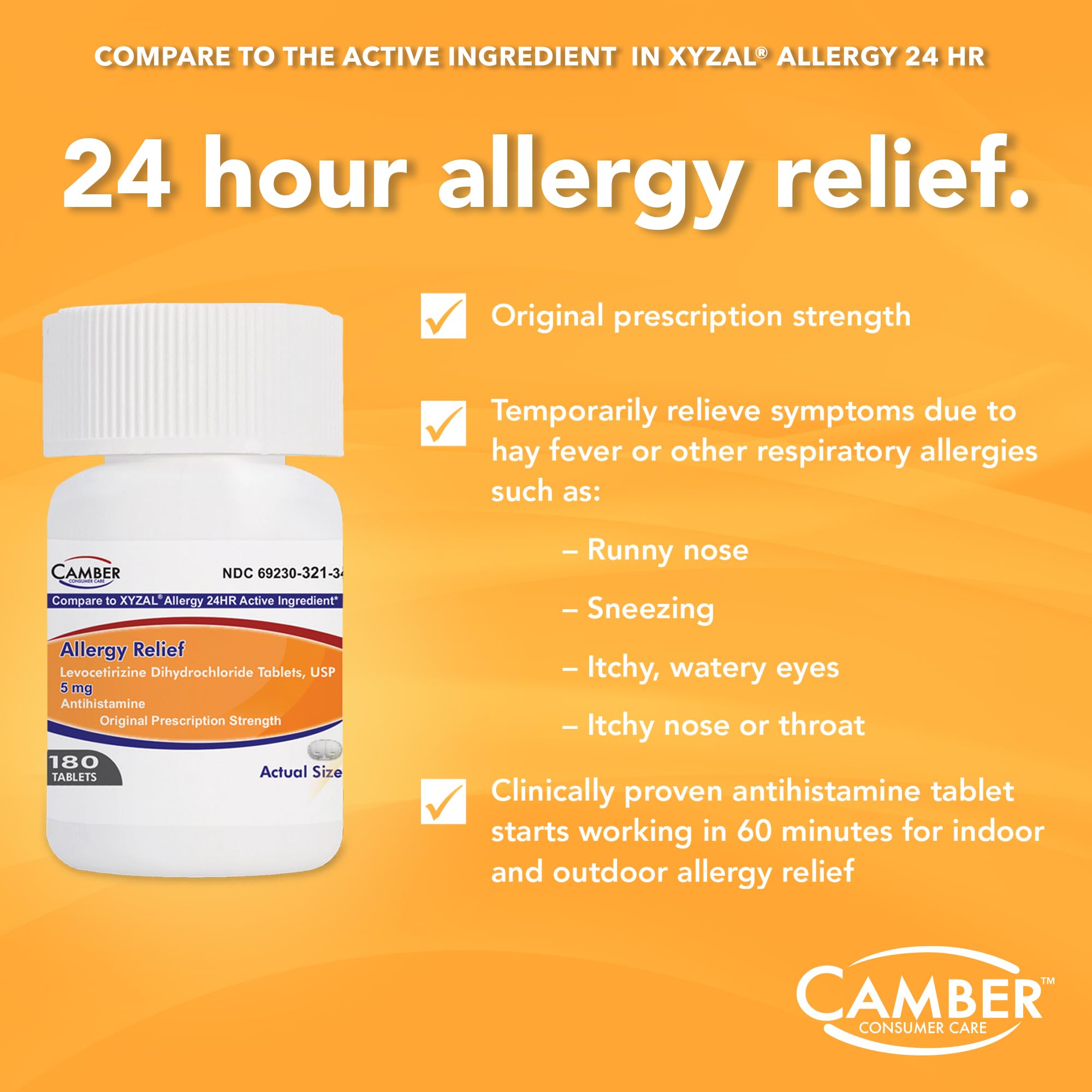Camber Pharmaceuticals levocetirizine label emphasizing day-long relief from sneezing and itchy eyes.