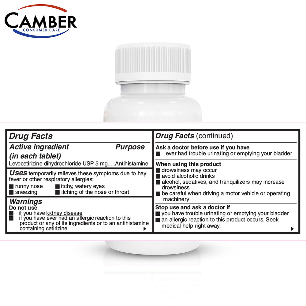 Camber Pharmaceuticals levocetirizine bottle ready for travel and daily comfort.
