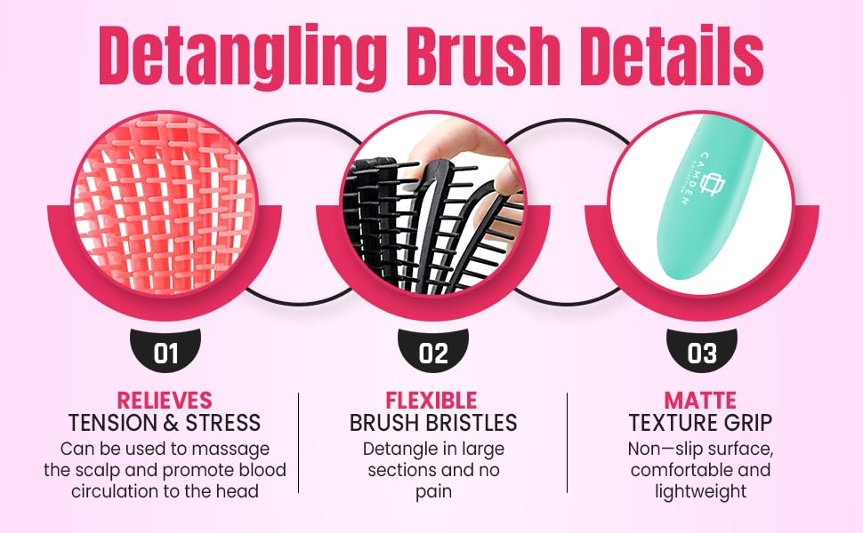 CamDen Premium Detangler Brush with flexible bristles for gentle detangling on kids.