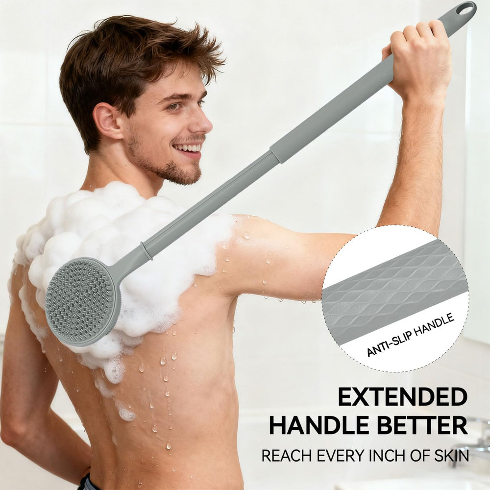 CAMENDE dual-sided silicone shower brush offers cleansing and gentle exfoliation.