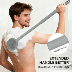 CAMENDE dual-sided silicone shower brush offers cleansing and gentle exfoliation.