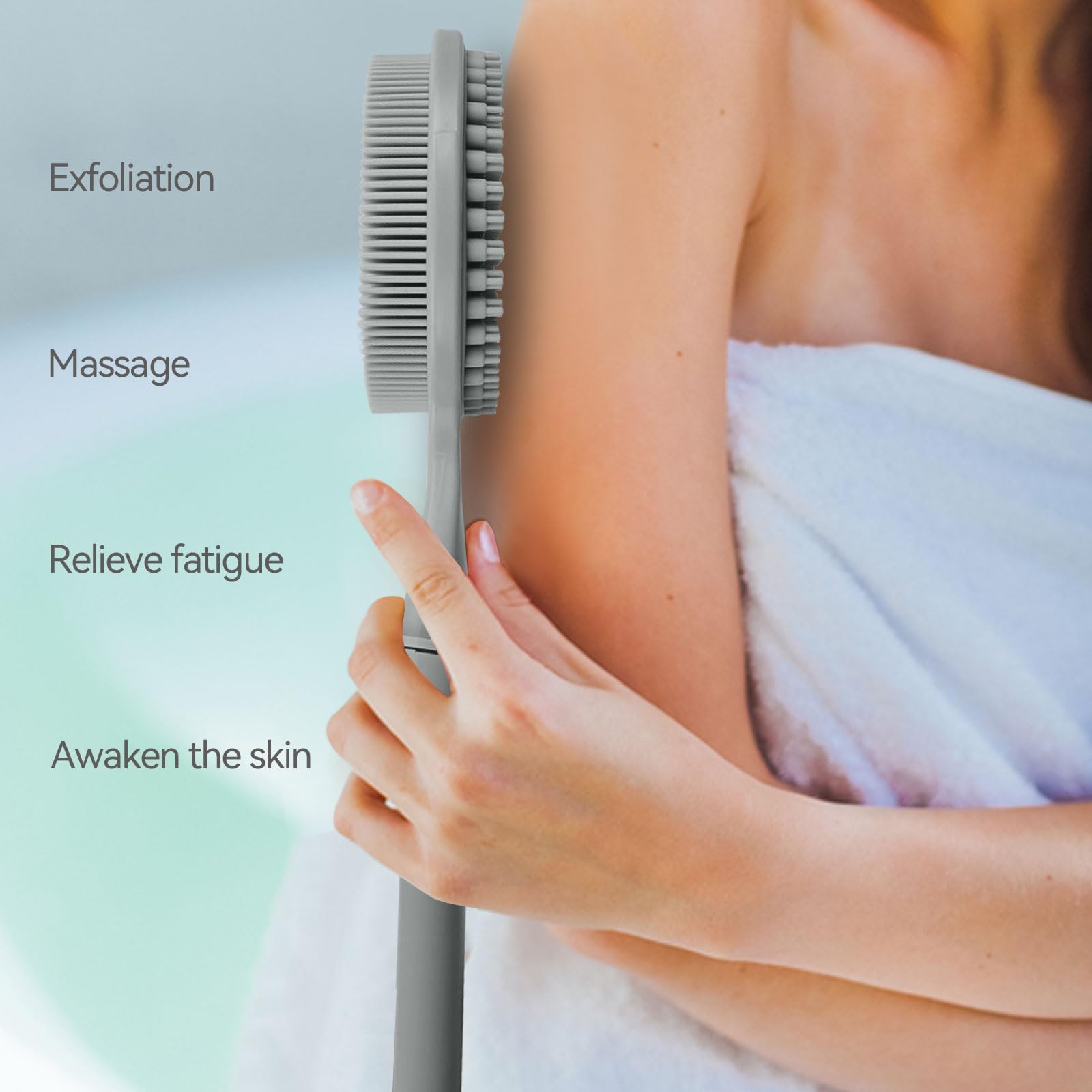 CAMENDE long-handle shower brush helps reach back comfortably for cleansing.
