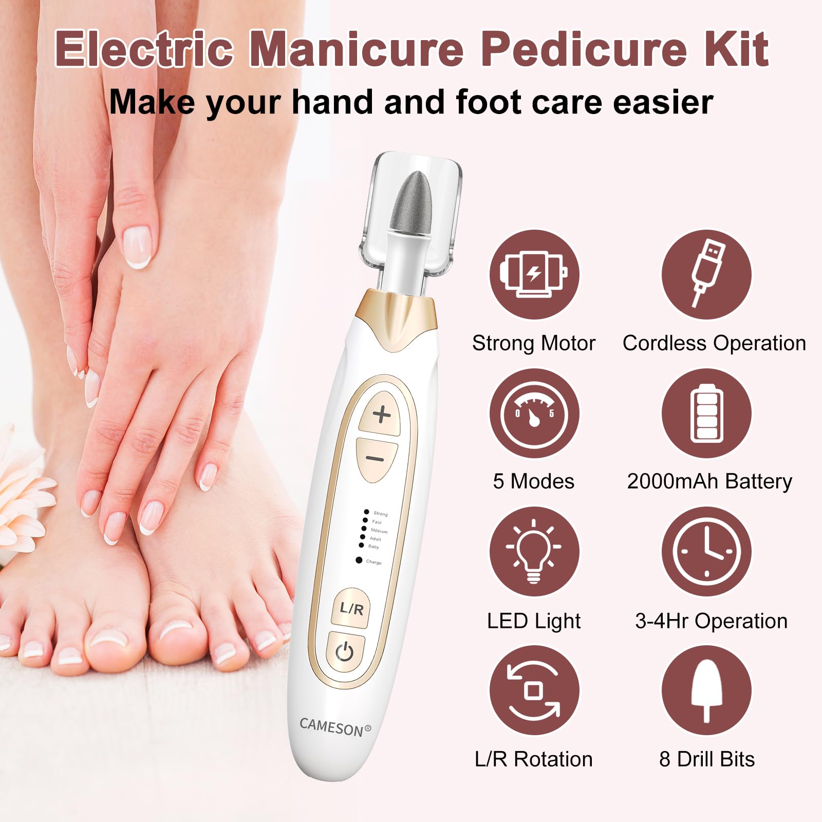 CAMESON electric nail file in use on a thick toenail.