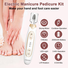 CAMESON electric nail file in use on a thick toenail.