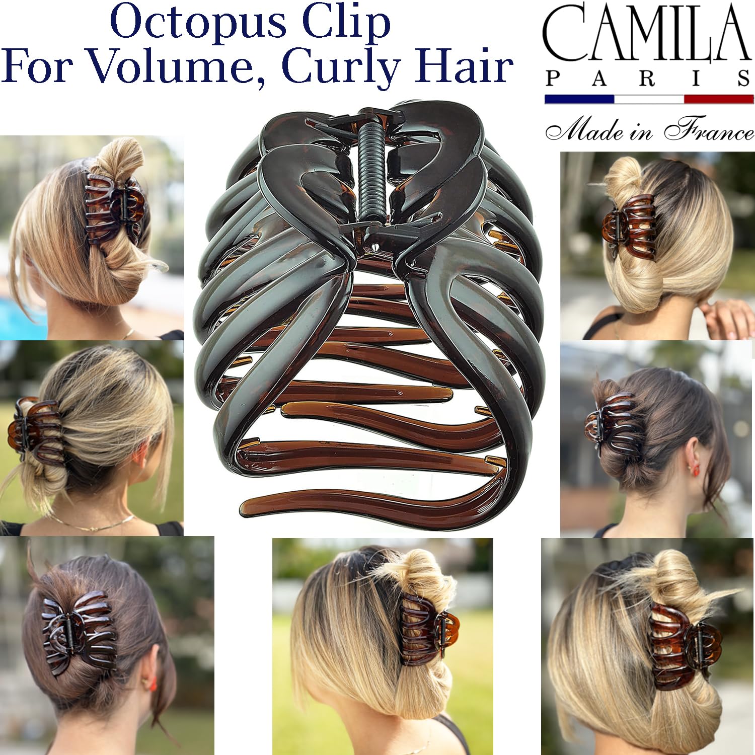 Camila Paris AD718 octopus clip side view highlighting tortoise-shell finish and sturdy spring
