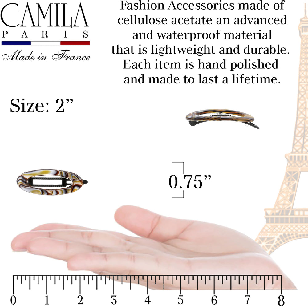Camila Paris CP3367 onyx barrette metal-free closure in action.