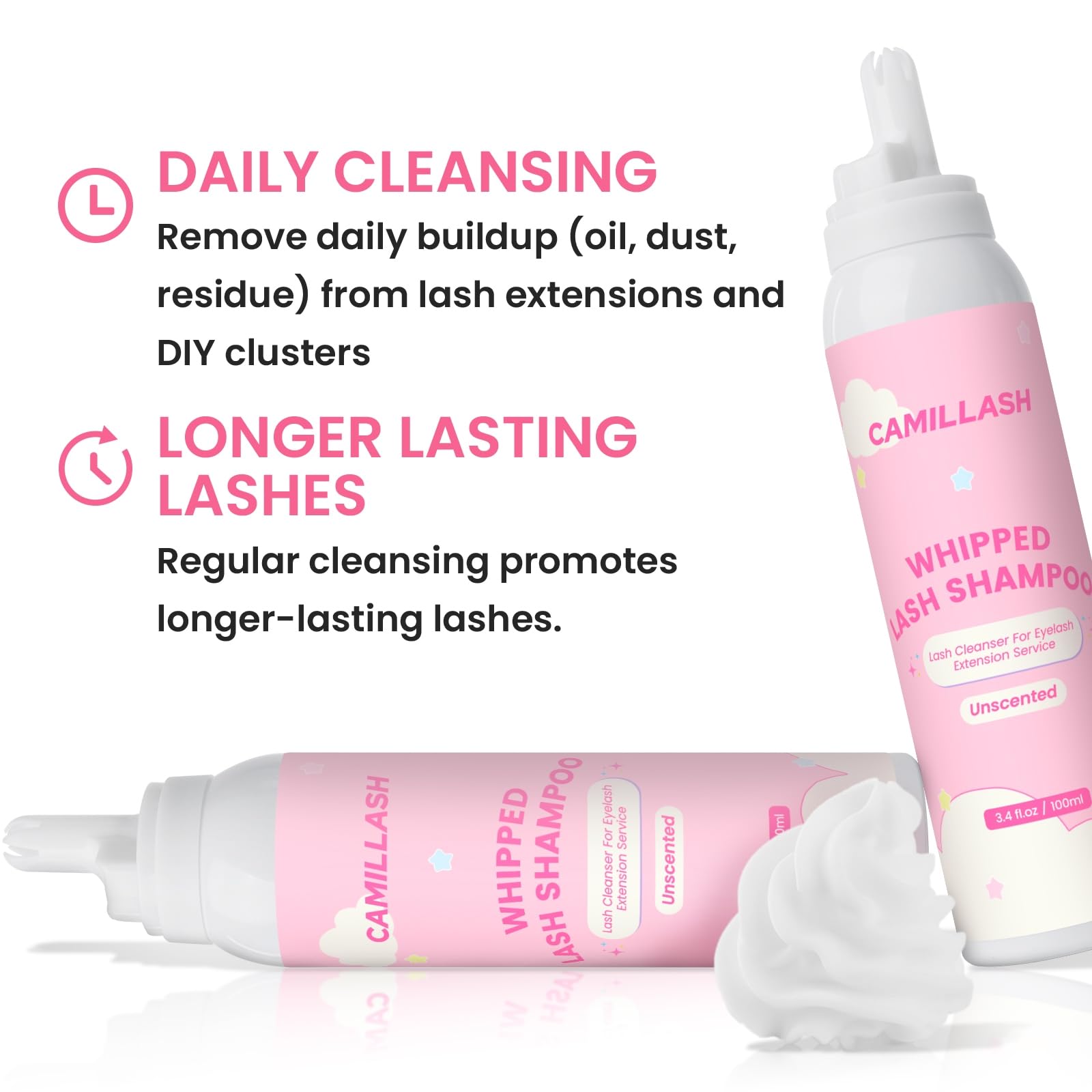 Camillash foam-dispense-action demonstrates controlled foam release for precise lash cleansing.