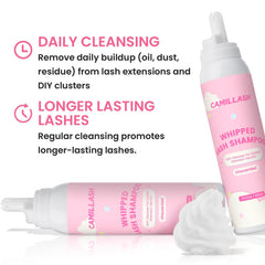 Camillash foam-dispense-action demonstrates controlled foam release for precise lash cleansing.