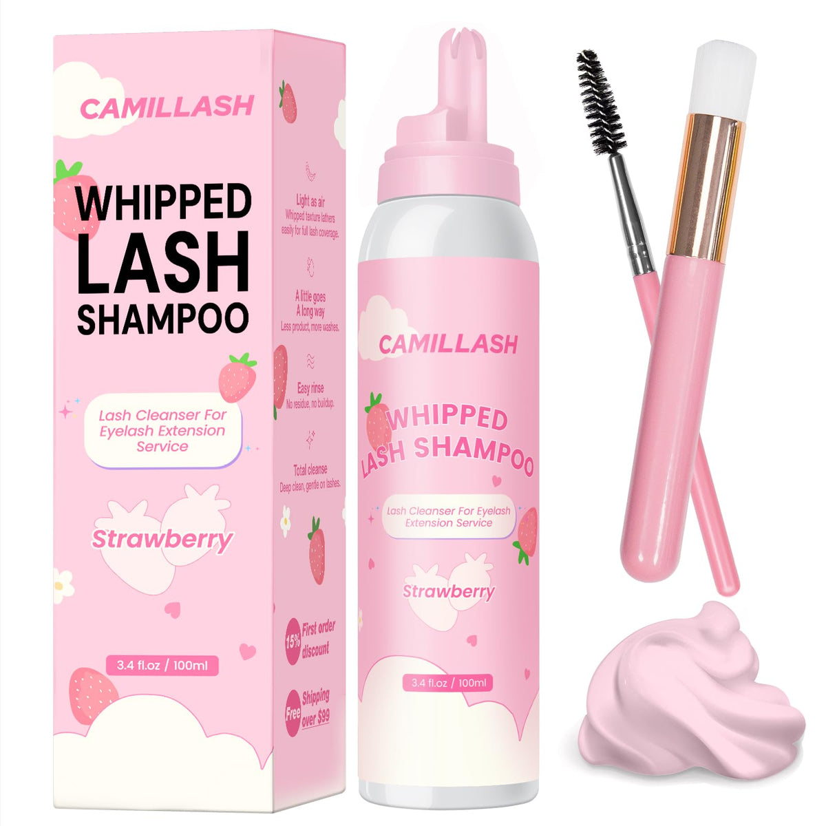 Camillash whipped-foam-bottle delivers ultra-dense lash cleanse for gentle, residue-free cleansing.