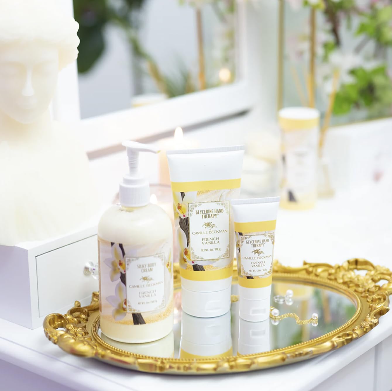 Camille Beckman almond-oil glycerin-cream highlighting nourishing ingredients for all skin types.
