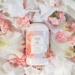 Camille Beckman Camille Scented Silky Body Cream pump-dispense demonstrates non-greasy daily moisturization.