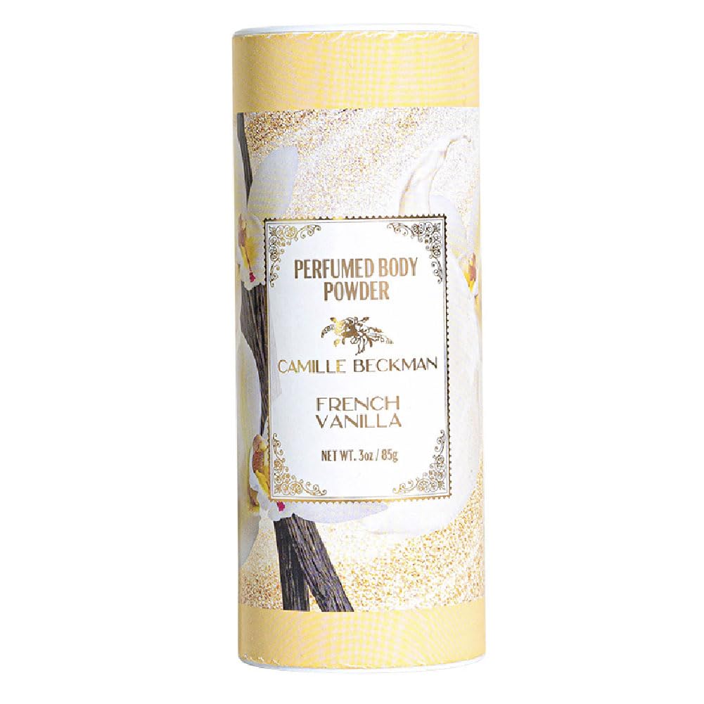 Camille Beckman French Vanilla body powder bottle shows talc-free formula for everyday softness.