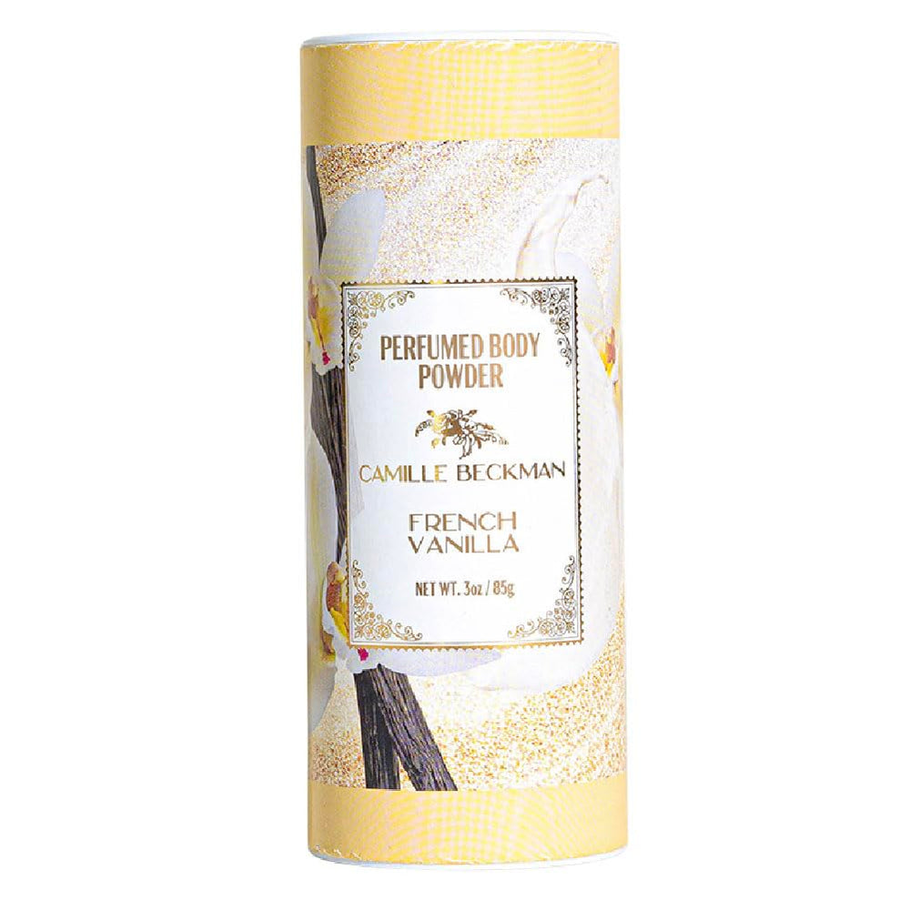 Camille Beckman French Vanilla body powder bottle shows talc-free formula for everyday softness.