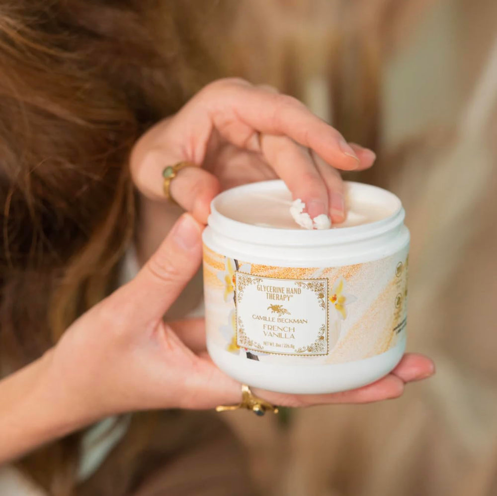 Camille Beckman hand cream being applied delivers instant moisture for soft skin.