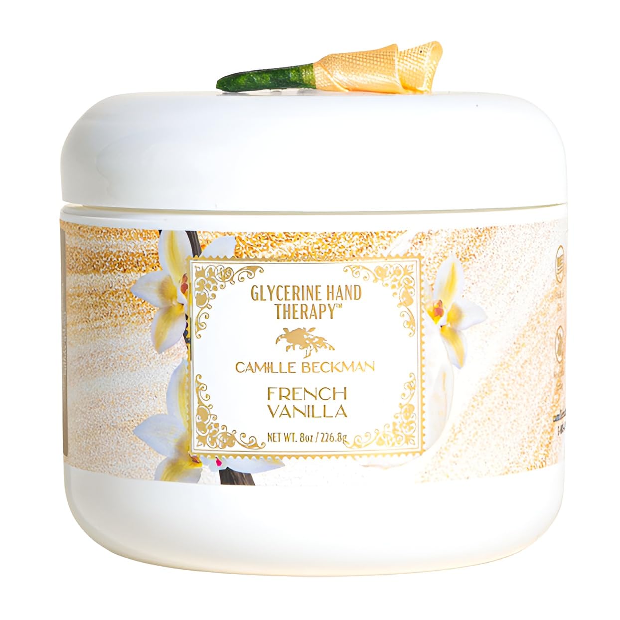 Camille Beckman glycerine hand therapy cream bottle shows vanilla scent for soothing hands.