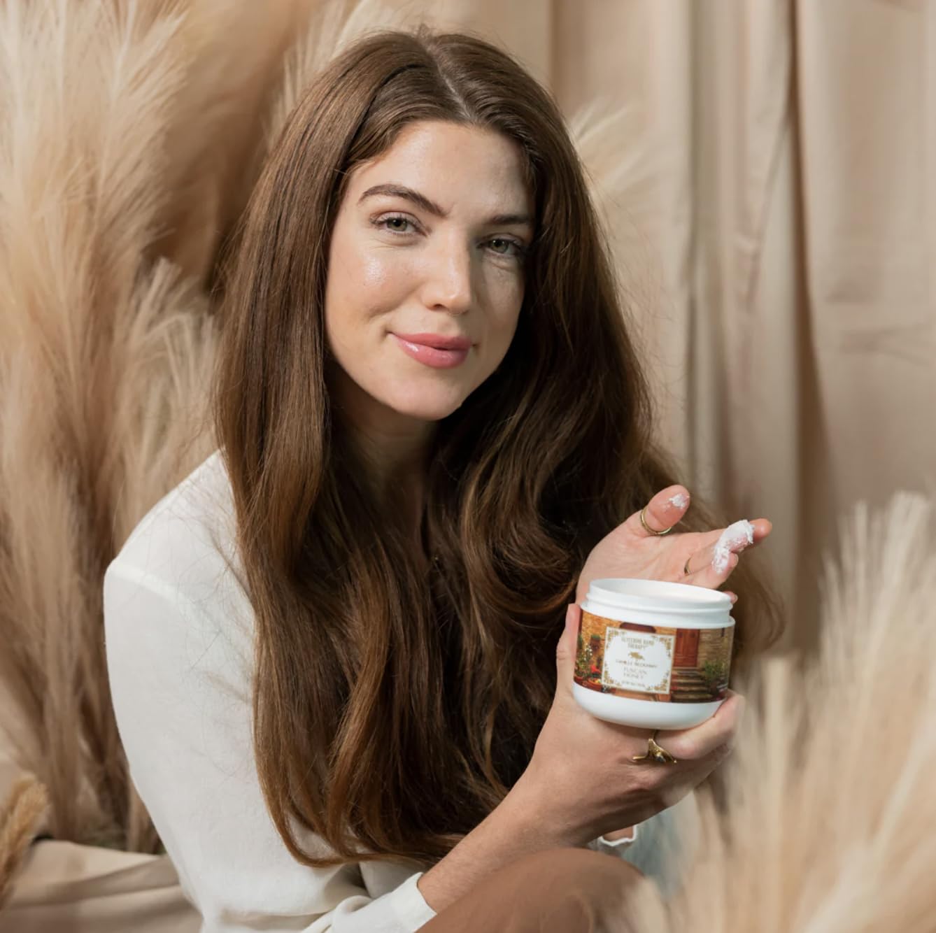 Camille Beckman glycerine hand therapy cream ingredients vial highlights glycerin and almond oil for nourished skin