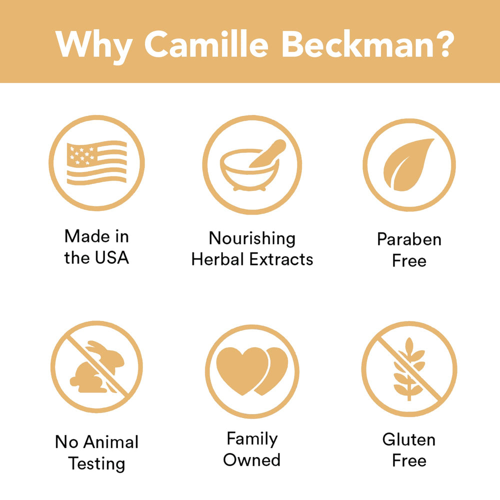 Camille Beckman glycerine hand therapy cream packaging shows herbal complex with antioxidants