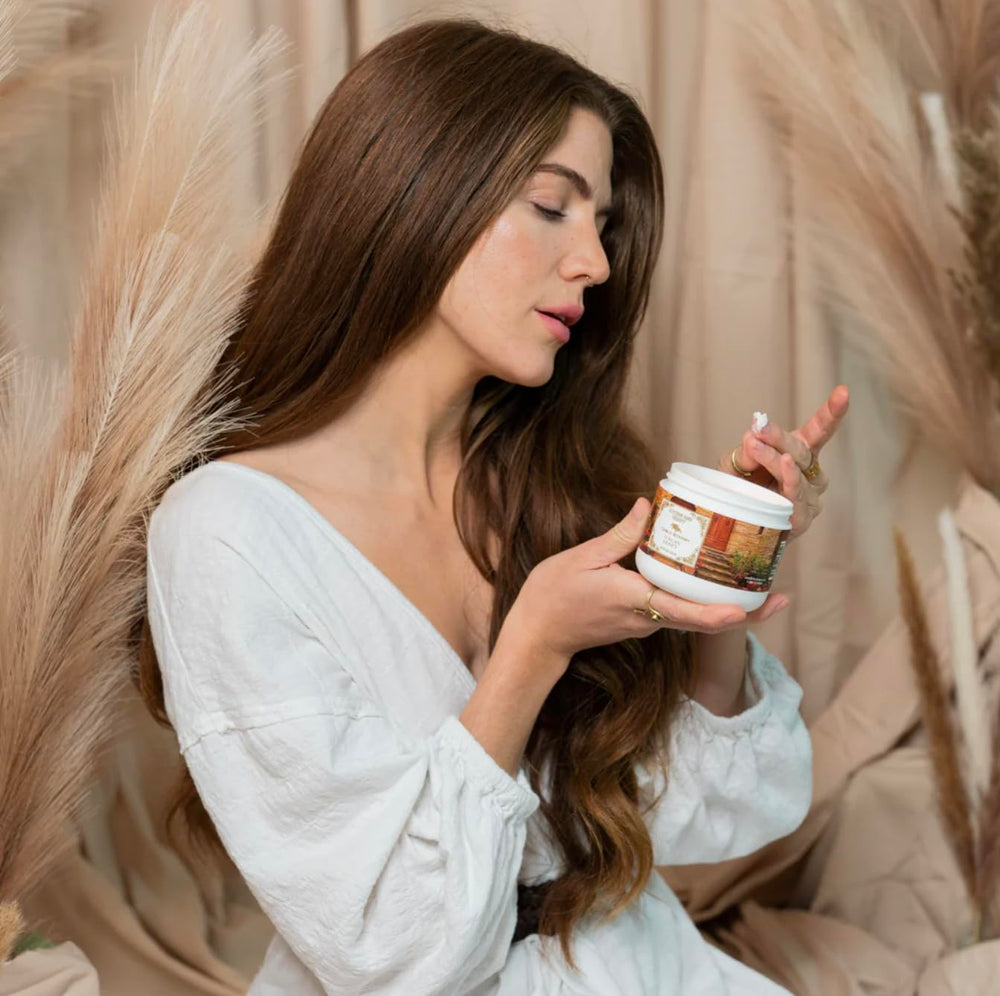 Camille Beckman glycerine hand therapy cream tub front shows Tuscan Honey label