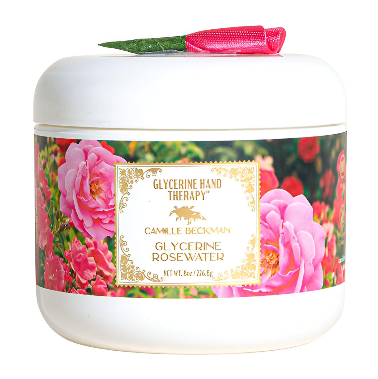 Camille Beckman glycerine hand therapy rosewater bottle offers daily moisturizing.
