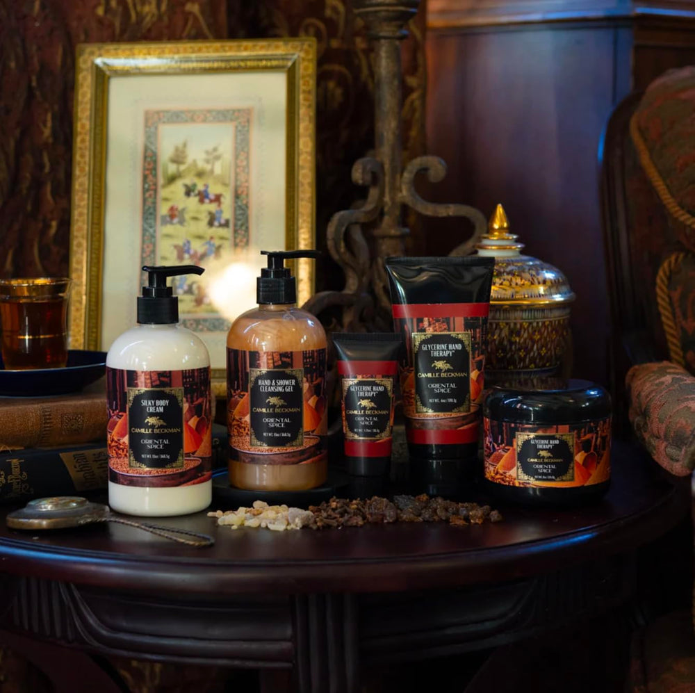 Camille Beckman Oriental Spice application on hands suggests soothing daily ritual