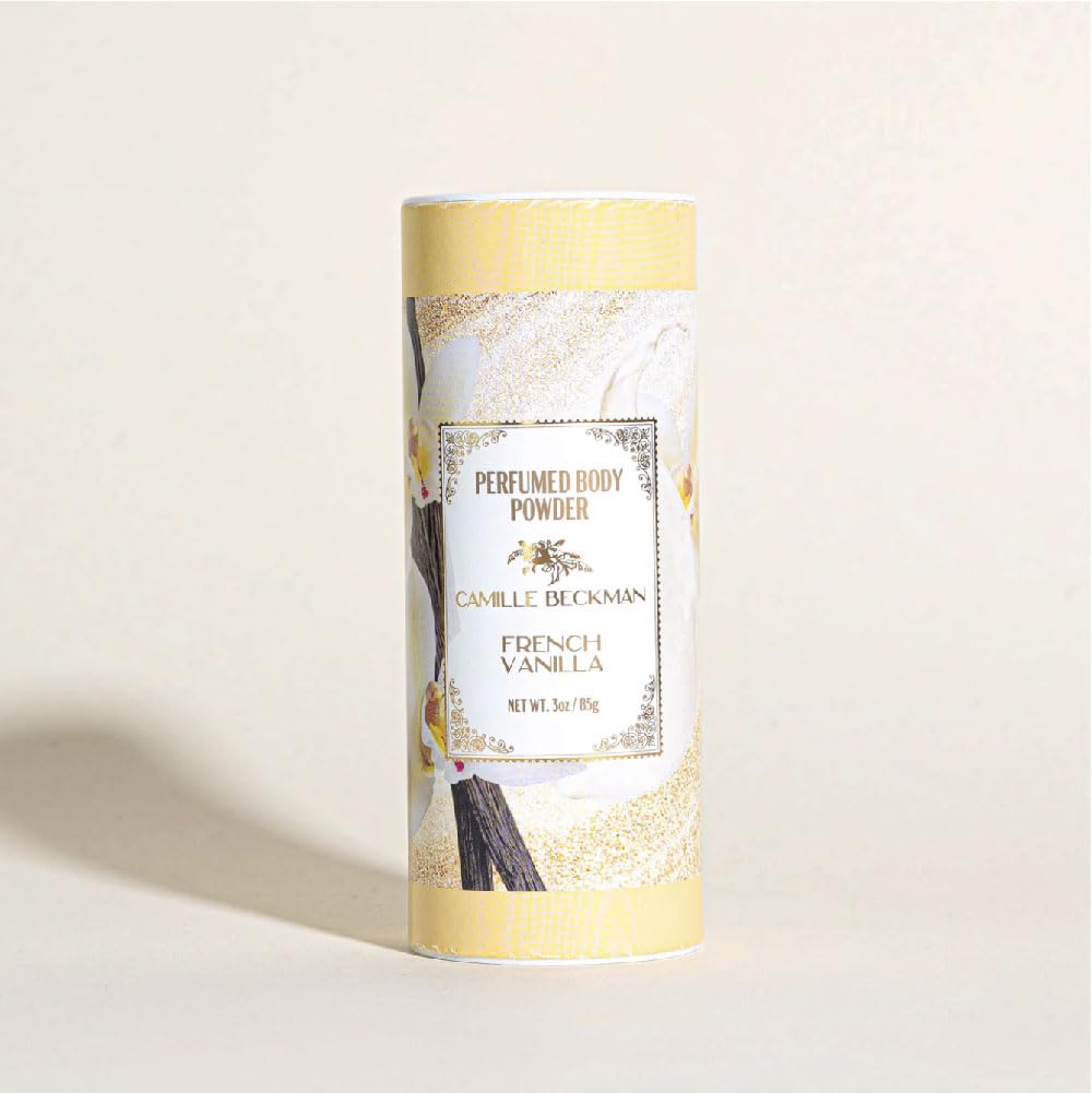 Camille Beckman talc-free powder close-up texture demonstrating absorbent corn and potato starch.