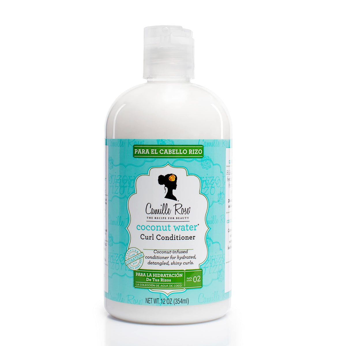 Camille Rose coconut water curl conditioner bottle close-up showing hydrating formula for curls