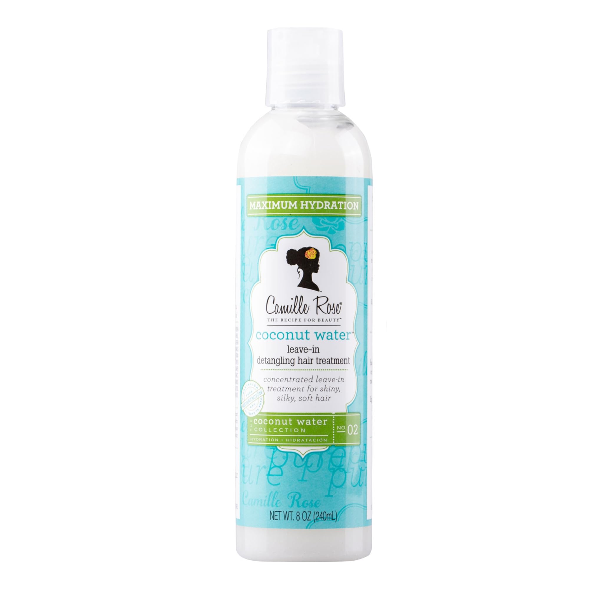 Camille Rose Coconut Water Leave-In bottle closeup for detangling hydration.