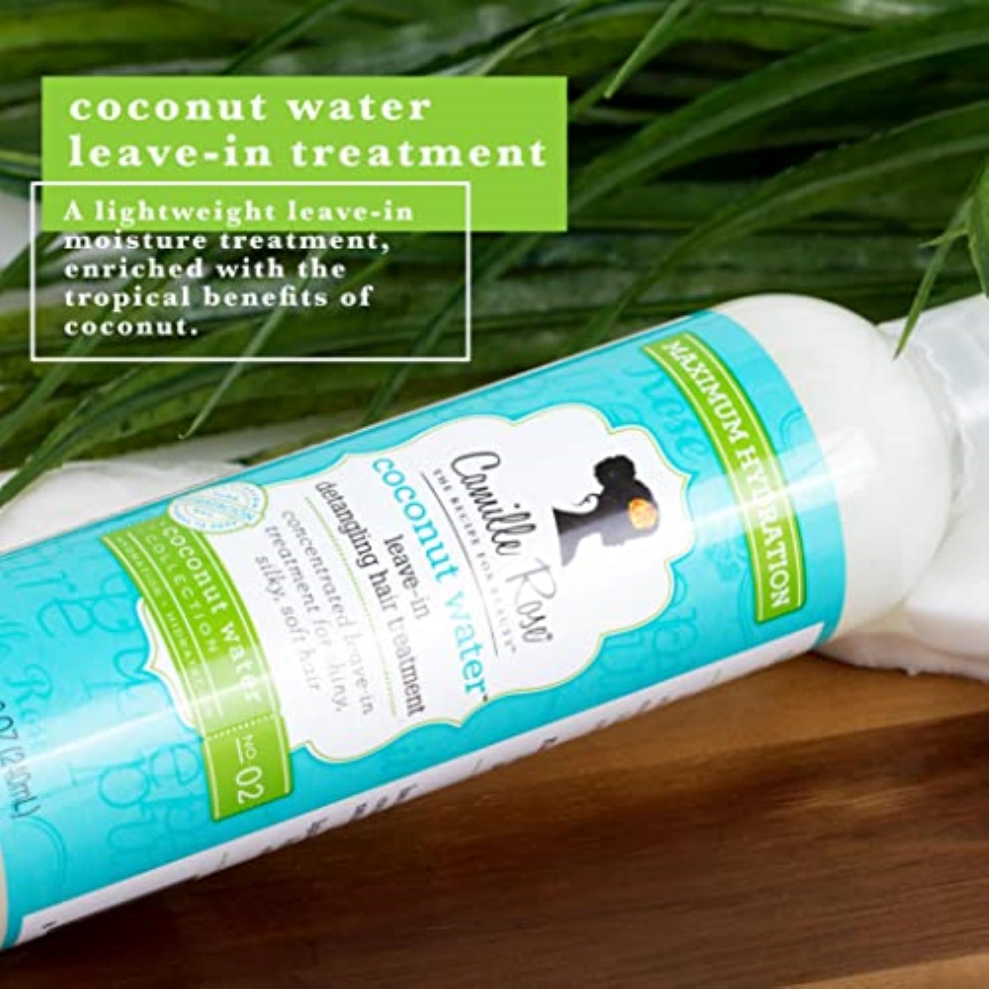 Camille Rose Coconut Water Leave-In glossy silky finish on hair highlights shine.