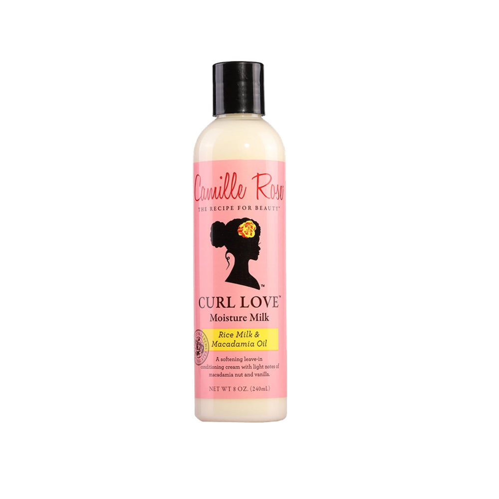 Camille Rose Curl Love Moisture Milk bottle demonstrates detangling hydration for curls